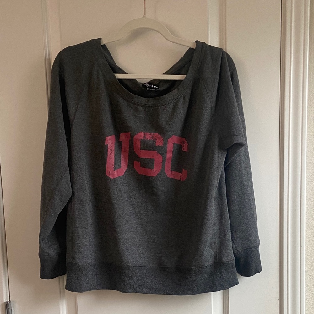 Gray Off-the-Shoulder Sweater with Pink Lettering
